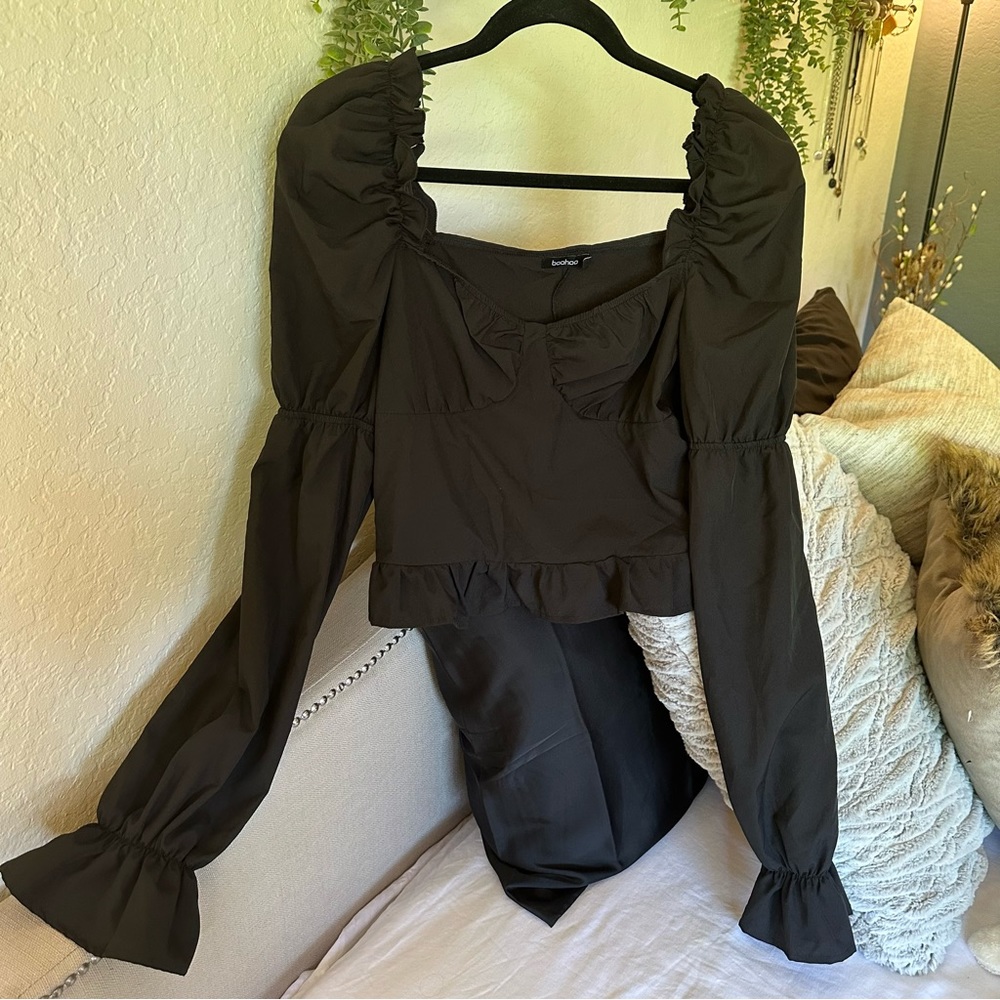 Boohoo Long Sleeve Crop Blouse Puff Sleeves Black